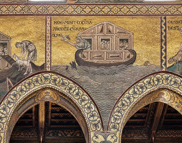 Noah has the animals loaded onto the Ark. Old Testament Cycle - The Great Flood, Byzantine mosaics, 12th-13th centuries (mosaic)