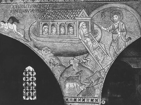 Noah leading the animals to the ark (mosaic) (b  /  w photo)