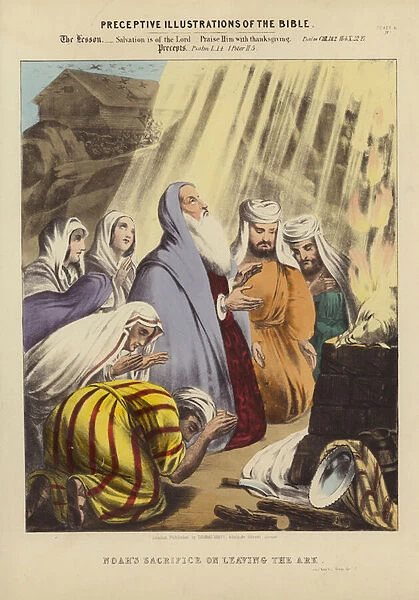 Noahs Sacrifice on leaving the Ark (coloured engraving)