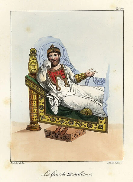 Nobleman reclining on a Byzantine bed of the 9th century (from an illuminated manuscript in the Bibliotheque Royale)