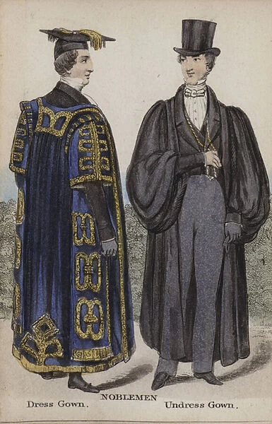 Noblemen at Cambridge, Dress Gown, Undress Gown (coloured engraving)