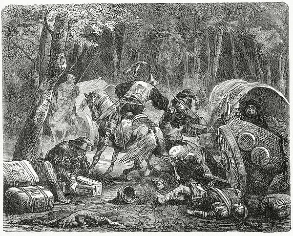 Nobles Plundering Travelling Merchants, 1882 (litho)