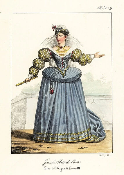 Noblewoman in court dress, reign of King Henry III of France. 1825 (lithograph)