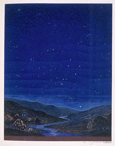 Nocturnal landscape, illustration from Rudyard Kiplings Kim