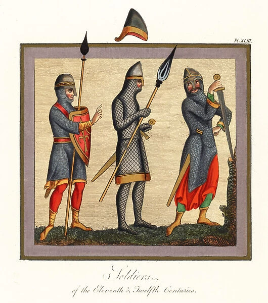 Norman soldiers in armour, 11th  /  12th century, 1866 (engraving)