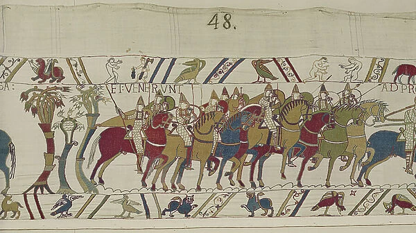 Norman soldiers leaving Hastings to do battle with Harold, Bayeux Tapestry (wool embroidery on linen)
