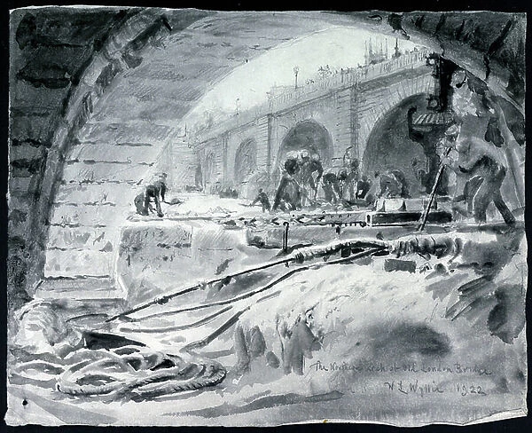 The north arch of the Old Bridge in London, England, with a description of men working on the river. Drawing, 1922 by William Lionel Wyllie (1851-1931), Size: 20.6x25.5 cm