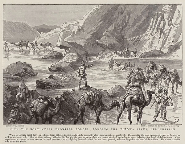 With the North-East Frontier Forces, fording the Vikowa River, Beluchistan (engraving)