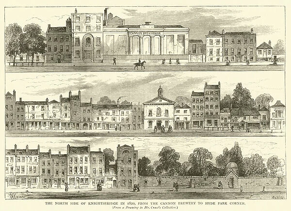 The north side of Knightsbridge in 1820, from the Cannon Brewery to Hyde Park Corner, from a drawing in Mr Craces collection (engraving)