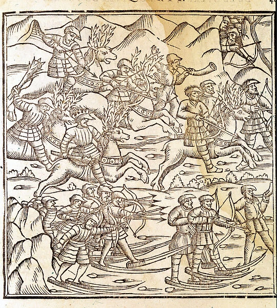 Norwegian hunters travelling on skis and reindeer. Engraving by Olaus Magnus (1490 - 1557