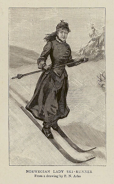 Norwegian lady skiier (engraving)