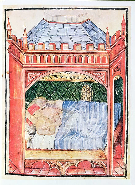 Nouv Acq Lat 1673 fol. 100 Couple in a bed, from Tacuinum Sanitatis, c. 1390-1400 (vellum)