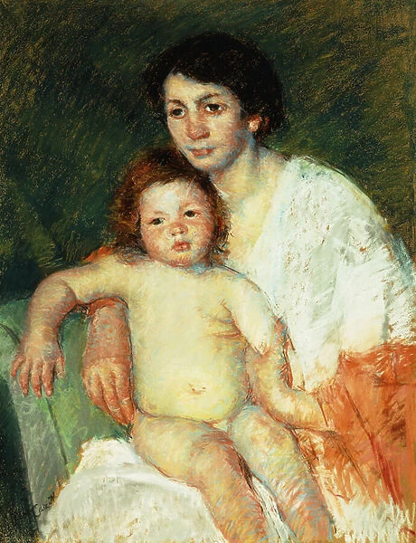 Nude Baby on Mothers Lap Resting Her Right Arm on the Back of the Chair