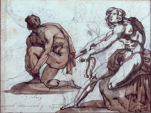 Two nude figures (pencil, pen, brown ink & wash)