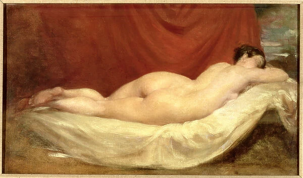 Nude Lying On A Sofa Against A Red Curtain (oil on canvas)