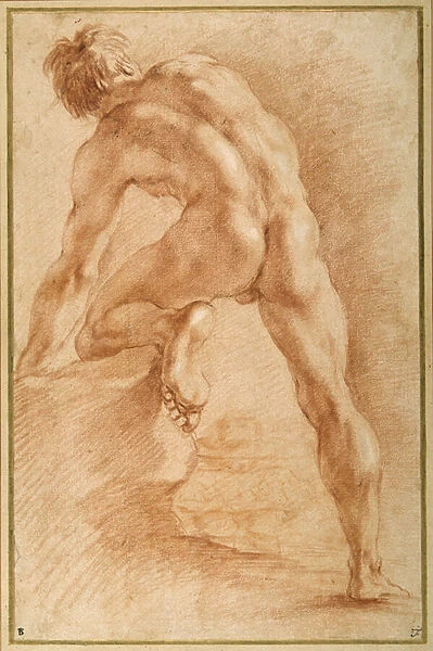 Nude man seen from the rear, late 17th century (red chalk heightened with white on paper)