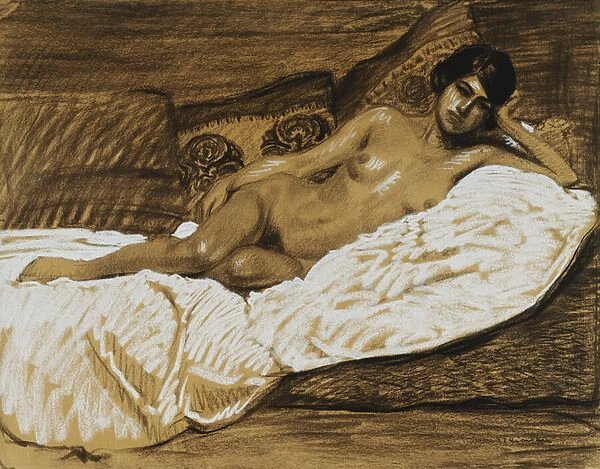 Nude Outstretched; Nu Allonge, (charcoal and chalk on buff paper)