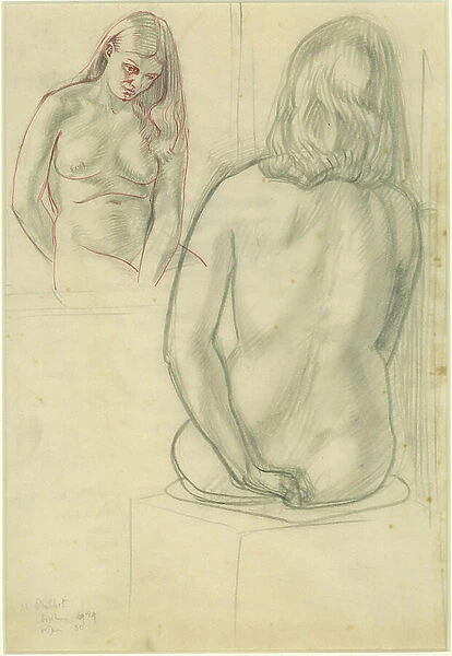 Nude seated in front of a mirror, 1929 (pencil & ink on paper)