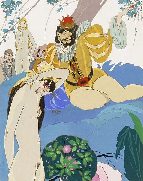 Nude woman in front of King Pausole, 1930 (coloured print)