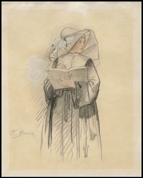 A Nun Holding a Book and Pen, 1827-87 (black & red chalk on paper)