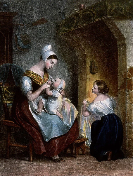 Nurse breast-feeding a baby. Lithography, c. 1850