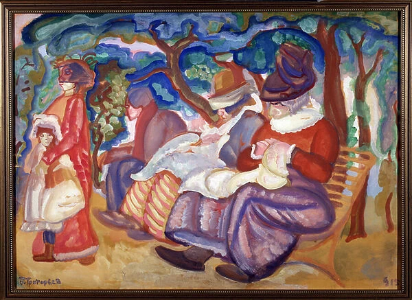 Nurses au Bois de boulogne (Nannies in Bois de Boulogne). Representation grotesque de femmes tres abattues et d un homme, assis sur un banc devant des arbres, devisages par une petite fille entrainee ailleurs par sa nurse