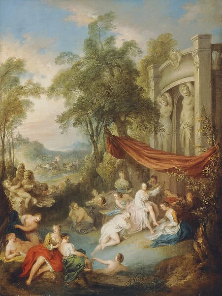 Nymphs Bathing at a Pool by a Loggia, (oil on canvas)
