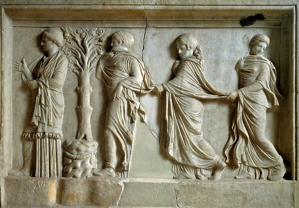 Three nymphs following a young woman. 2nd century BC. (low relief)