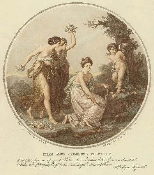 Two nymphs mock cupid who is tied to a tree (colour litho)
