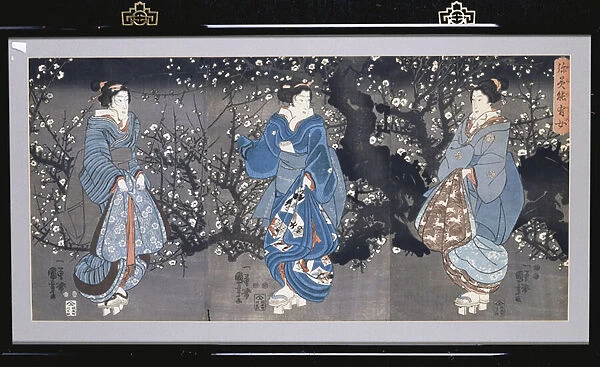 An oban triptych depicting a Nocturnal Scene with three Bijin (woodblock print)