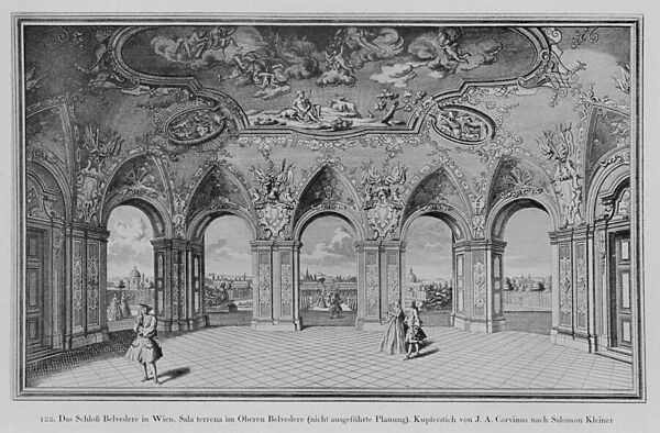 Oberes Belvedere: Sala terrena, unexecuted design, engraved by Johann August Corvinus (litho)