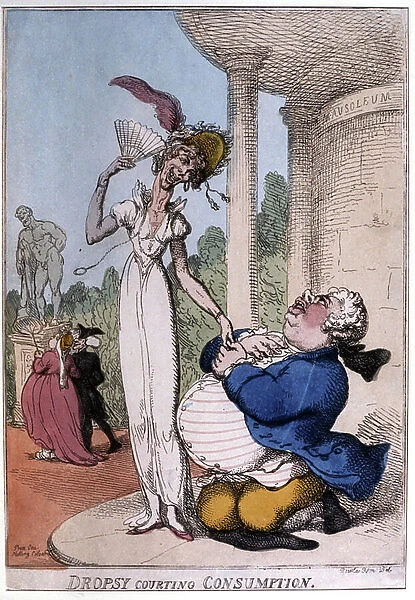 Obese man courting a tuberculosis patient: dropsy and consumption, early 19th century (caricature)