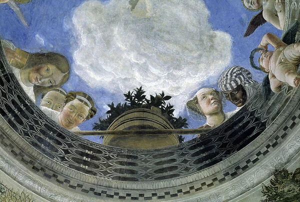 Occulus of the ceiling of the House of Spouses, Ducal Palace of Mantua, Italy (Camera degli Sposi, Palazzo Ducale, Mantova): detail of allegorical figures and putti. Fresco by Andrea Mantegna (1431-1506), 1474