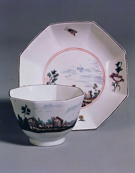 Octagonal Bowl and Saucer, possibly by J. H. O'Neale, Red Anchor Period, Chelsea, c. 1755 (porcelain)