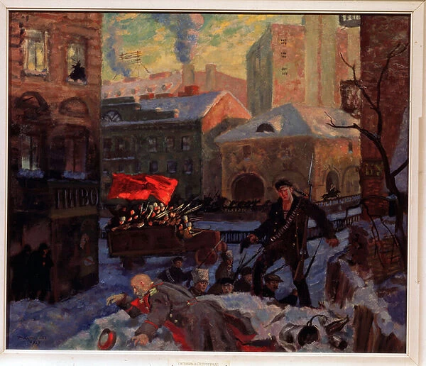 Octobre 1917, a Saint Petersbourg (October 1917 in Petrograd). Scene d action entre un groupe de revolutionnaires armes, dont l un vient de tuer un officier de l armee russe, dans les rues de la ville enneigee
