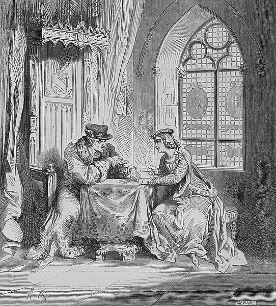 Odette de Champdivers called the little queen playing cards with King Charles VI (engraving)