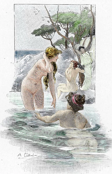 Odyssee of Homere: 'Nausicaa, daughter of King Alcinous, and her handmaidens washing their clothes in the river' Illustration by Antoine Calbet (1860-1944) for 'The odyssee"