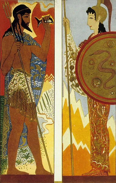The Odyssey by Homer : the gods Poseidon and Athena, engraved by Theo Schmied, 1930-33 (colour litho)