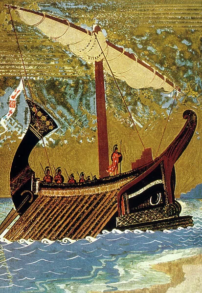 The Odyssey by Homer : the sailboat of Odysseus (Ulysses), 1930 (colour litho)