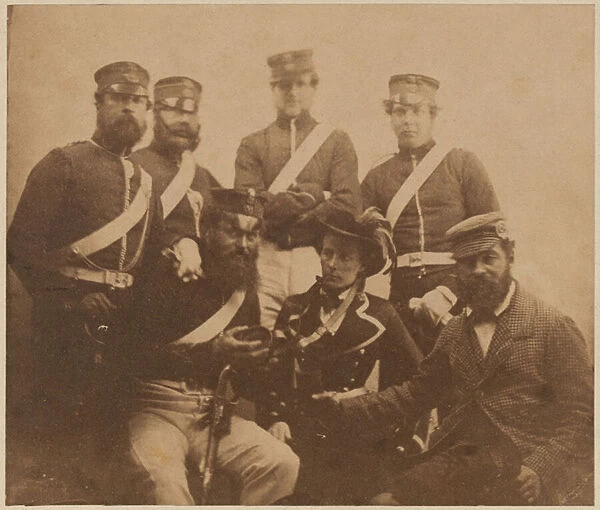 Two officers and four men with cantiniere, Crimea, 1855 (b  /  w photo)