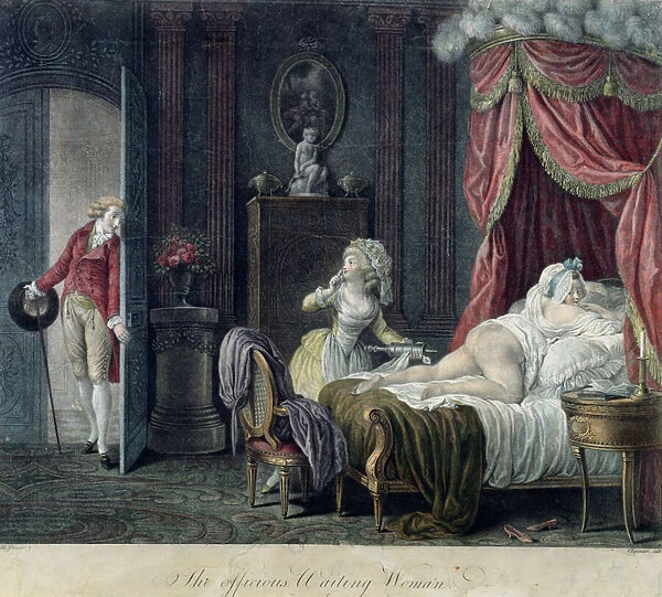 The Officious Waiting Woman, engraved by Chaponnier (coloured engraving)