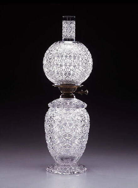 Oil lamp with 'Russian' pattern decoration, c. 1885 (lead glass, cut, metal)