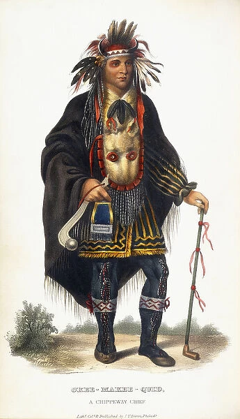 Okee-Makee-Quid, A Chippeway Chief, 1854 (hand finished lithographed plate)