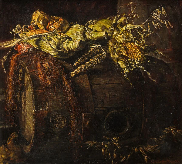 Old Barrel and Cobs of Corn (oil on canvas)