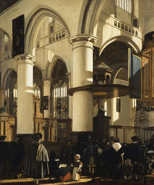 The Old Church, Delft, with Churchgoers listening to a Sermon, 1669 (oil on canvas)