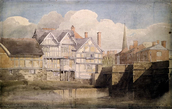 Old Houses and Wye Bridge, Hereford, 1820 (w  /  c over pencil on paper)