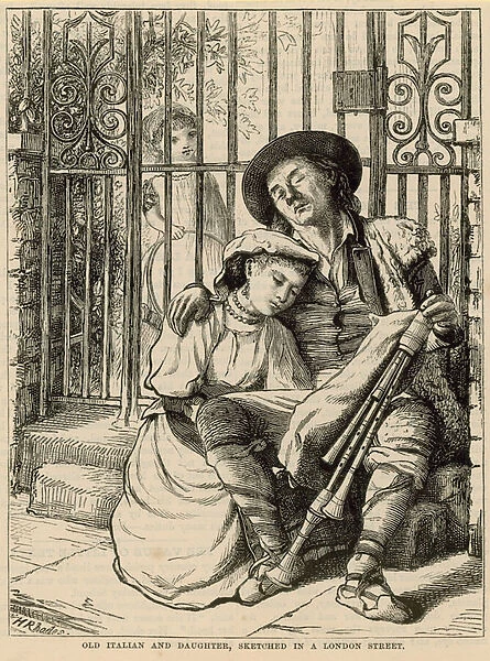 Old Italian and daughter, sketched in a London street (engraving)
