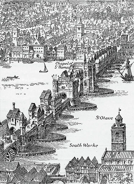 Old London Bridge, England, from an Elizabethan drawing (engraving)