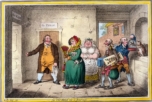An Old Maid on a Journey, print made by James Gillray, 1804 (hand-coloured engraving)