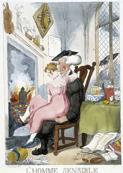 Old man (esiastical) groping a young woman sitting on his knees - caricature by